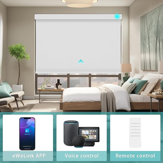 Changshade Smart Roller Shade with Remote Control Blackout Automatic Window Shades for Home Custom Size Motorized Blinds for Windows Work with Alexa,Google Home,Apple Homekit, White