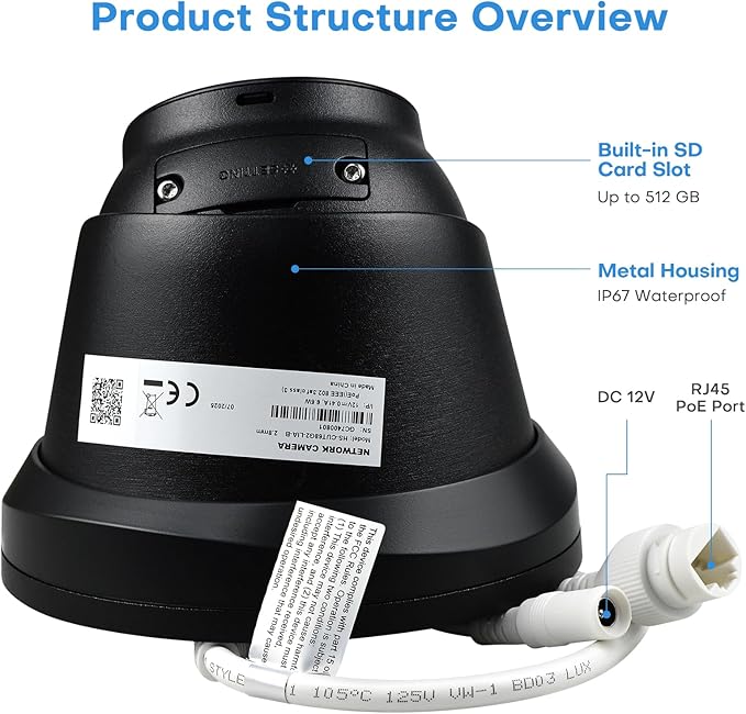 4K IP PoE Camera Outdoor, 8MP PoE Camera Black with Mic/Audio, 98ft IR/Color Night Vision, Human & Vehicle Detection, 127° FOV, MicroSD (256GB), Hik-connect/iVMS4200