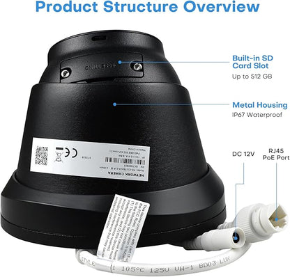 4K IP PoE Camera Outdoor, 8MP PoE Camera Black with Mic/Audio, 98ft IR/Color Night Vision, Human & Vehicle Detection, 127° FOV, MicroSD (256GB), Hik-connect/iVMS4200