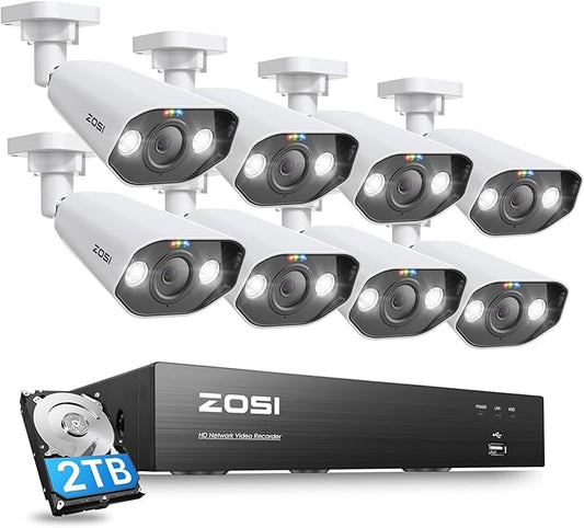 ZOSI 4K Ultra HD PoE Security Camera System Outdoor, Person Vehicle Detection, 2 Way Audio, Night Vision, 8 x IP66 Weatherproof Surveillance Cameras, 8CH 8MP NVR with 2TB Hard Drive for 24/7 Recording