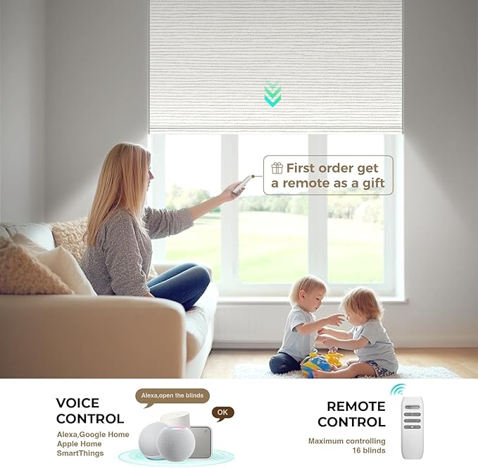 HeyBlinds Motorized Blinds with Remote, 100% Blackout Smart Blinds, Automatic Shades for Windows Compatible with Alexa Google and Homekit, Custom Size(Light Chaser-Cream BO)