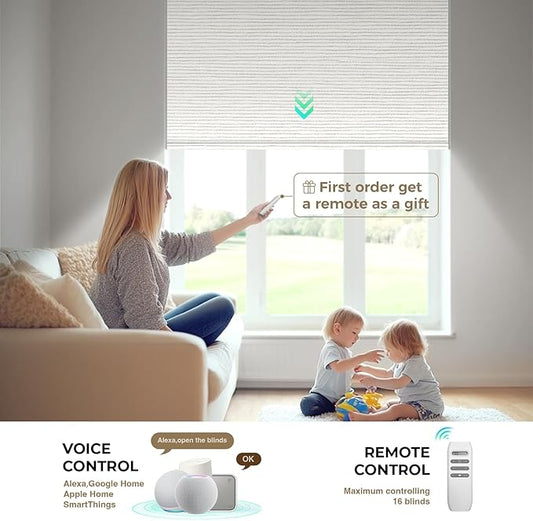 HeyBlinds Motorized Blinds with Remote, 100% Blackout Smart Blinds, Automatic Shades for Windows Compatible with Alexa Google and Homekit, Custom Size(Light Chaser-Cream BO)