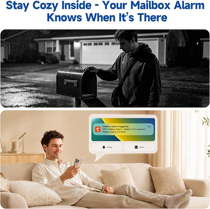 WiFi Mailbox Chime with Wireless, Smart Mailbox Alarm Sensor for Delivered