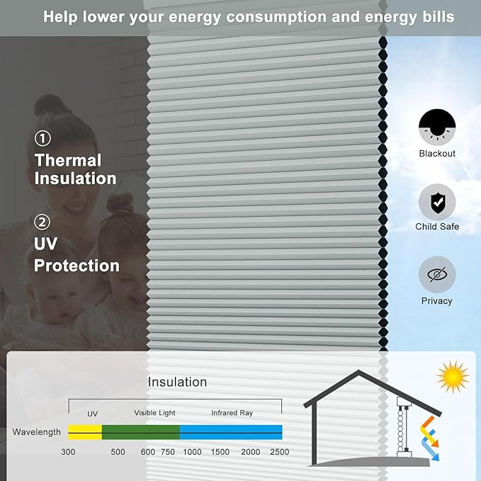 Changshade Custom Blinds Cellular Shades Blackout Cordless for Indoor Windows, Honeycomb Blind Room Darkening Black Out Shade for Bedroom, Bathroom, Nursey, Heat Light Blocking Easy Install, Grey