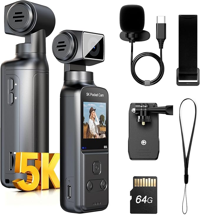 BOBLOV 5K Body Camera with Microphone, W5 Vlogging Camera, 5K/15FPS and 4K/60FPS with 270° Rotating Lens, External Mic Support, Clip/Strap Options, EIS Stabilization for Meeting, and Daily Use (64GB)