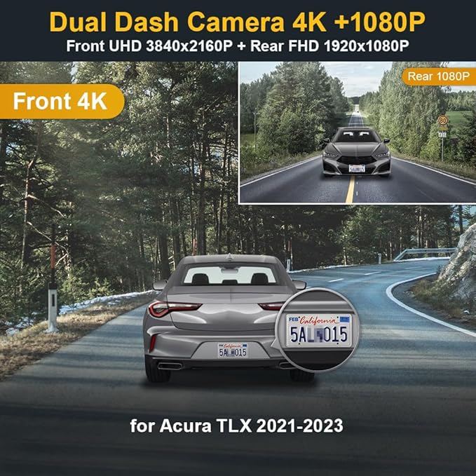 Fitcamx Front 2160P+Rear 1080P Dash Cam Adapts for Acura TLX 2021-2023 & TLX Type S, OEM Look, Dual HD Video, Built-in WiFi & APP, Loop Recording, G-Sensor, Night Vision, Easy to Set, 128GB Card