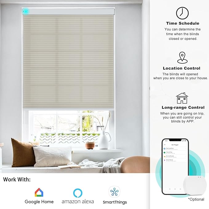 Changshade Smart Motorized Cellular Shades Remote Control for Indoor Windows Doors, Custom Size Electric Automatic Light Filtering Honeycomb Blinds Work with Alexa, Google Home, Smarthings, Beige