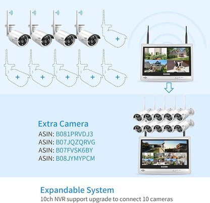 [10CH Expandable] Hiseeu All-in-One Security System with 12" LCD Monitor, 3TB Hard Drive, Wireless 4K Dual WiFi NVR, 4pcs 3MP Outdoor Bullet Cameras, Night Vision, Waterproof for Home or Business…