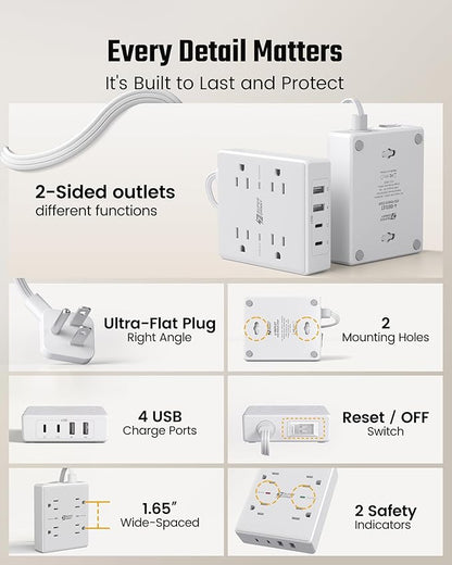 SUPERDANNY Flat Plug Power Strip Surge Protector 10 Ft Long Flat Extension Cord with 4 Outlets & 4 USB (2 USB-C) Charging Station for Home Office, College Dorm Room Essentials, Travel, White