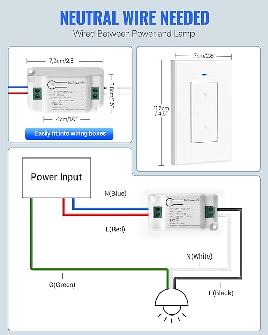 Wireless Light Switch and Receiver Kit, WILAWELS Remote Wall Switches Lighting Fixture, No Wiring, Programmable, 100FT RF Range, 1 Remote Switch for 2 Receivers for Ceiling Light, Fan, Lamp W06RC1206