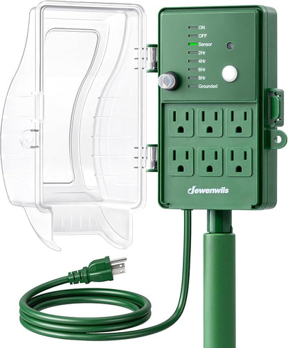 DEWENWILS Outdoor Power Stake Timer, Dusk to Dawn Timer with 6 Outlets | 1800W/15A, 6ft Extension Cord, Waterproof Cover, Overload Protection, Works for Yard, Garden, Patio Lights, ETL Listed