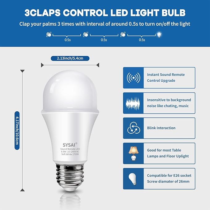 SYSAI 3 Claps Light Control Bulb for Bedroom Table Lamp Upgrade, Sound Activated ON/Off Solution, Clap Detection, Smart Home, As Seen On TV, Soft White