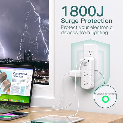 Addtam 30W USB C Outlet Extender Surge Protector, Rotating Plug, 6 AC Outlets Splitter, 4 USB Ports (2 USB-C), 1800J Wall Mount Power Strip, 3-Side Multi Plug for Dorm, Travel Essentials