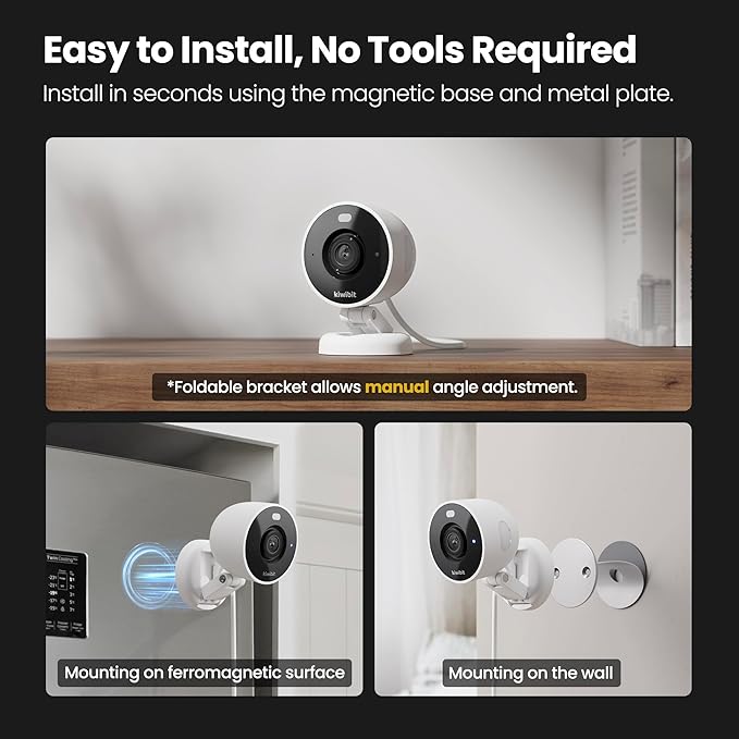 Kiwibit 2K Security Camera Indoor/Outdoor, Pet Camera, Baby Monitor, Magnetic Mount, AI Detection, Color Night Vision, SD & Cloud Storage, Compatible with Alexa, 10FT Extra-Long Cable