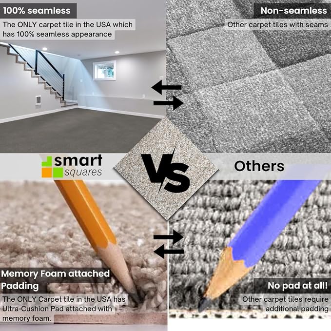 Smart Squares Easy Street Premium Plush Carpet Tiles, Made in USA – 18x18 Peel and Stick Floor Tiles with Attached Padding – Seamless DIY Carpet Squares (2.5 Sq Ft, 1 Tile, 909 Lava)