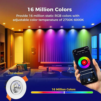 2 Inch Smart LED Recessed Lighting, 5W WiFi RGB Downlight, CCT 2700-6500K Dimmable Color Changing Recessed Ceiling Light, 110V Recessed Light Compatible with Alexa & Google Home with LED Driver 6 Pack