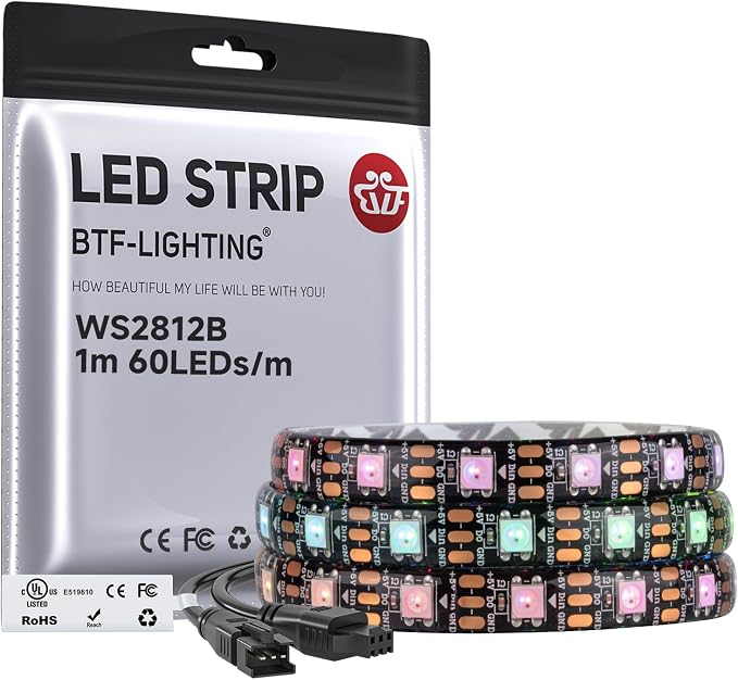 BTF-LIGHTING WS2812B IC RGB LED Strip,UL Listed,Pure Gold Wires,DC5V 3.28FT 60LED 5050SMD,Individually Addressable,Flexible for DIY Chasing Full Color Project,3M Tape,IP65(No Adapter or Controller)