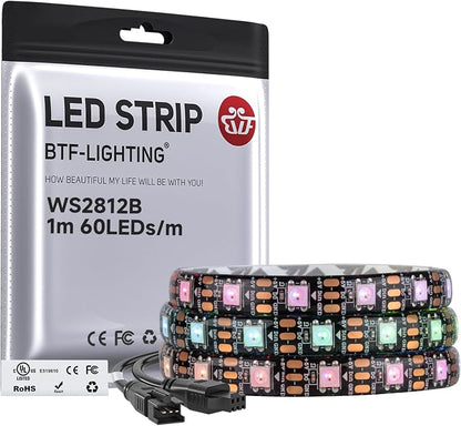 BTF-LIGHTING WS2812B IC RGB LED Strip,UL Listed,Pure Gold Wires,DC5V 3.28FT 60LED 5050SMD,Individually Addressable,Flexible for DIY Chasing Full Color Project,3M Tape,IP65(No Adapter or Controller)