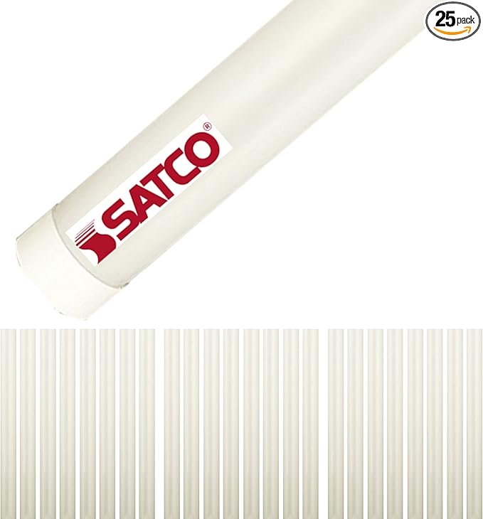 Satco S49949 8 Watt 120-277 Volt 2Ft LED T8 Linear Tube Lighting; G13 Medium Bi-Pin Base; 5000K Neutral White: 1250L Dimmable (25 LED Light Bulbs)