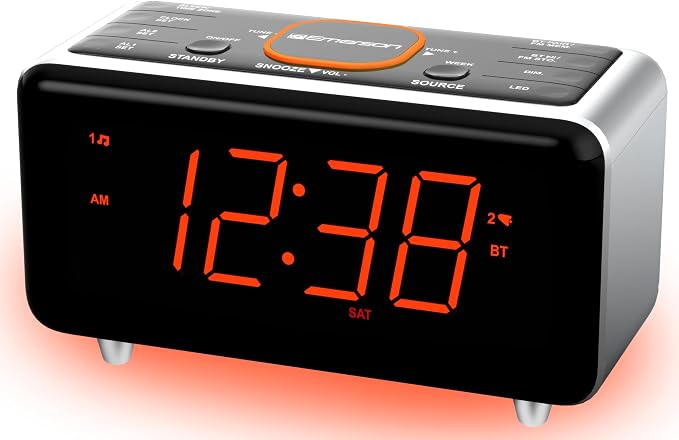 Emerson CKS1521 SmartSet Bluetooth Dual Alarm Clock Radio with 1.4” Orange LED Display, USB Charger, FM Radio, AUX Input, Auto-Dimmer, and Orange Accent Light