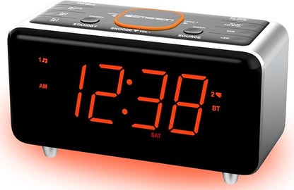 Emerson CKS1521 SmartSet Bluetooth Dual Alarm Clock Radio with 1.4” Orange LED Display, USB Charger, FM Radio, AUX Input, Auto-Dimmer, and Orange Accent Light