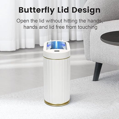 SYNCVIBE Bathroom Trash Can with Butterfly Lid 2 Gallon Sensor Trash can, IPX5 Waterproof Garbage Can, Automatic Slim Trash Bin, Under-Counter Wastebasket, Bathroom Decor for Bedroom, White Gold