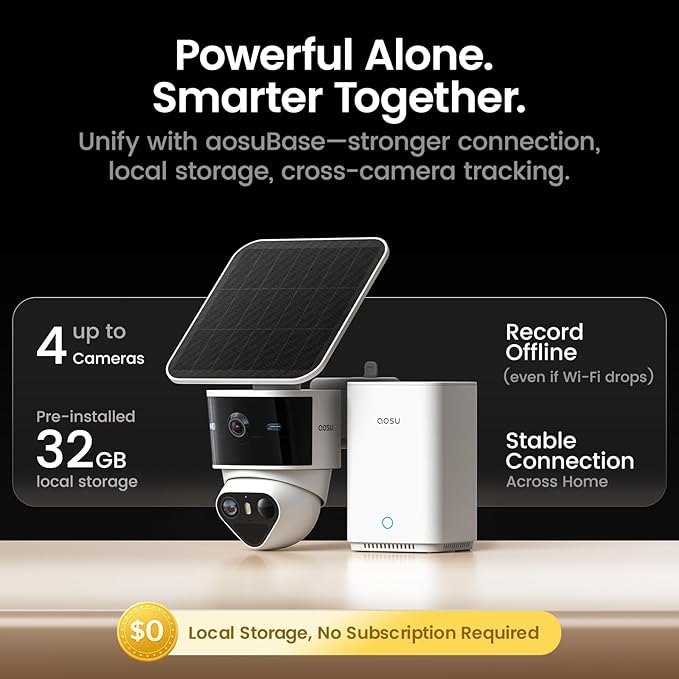 aosu T2 Pro Solar Security Cameras Wireless Outdoor, 4 Cam Kit, 3K Dual Cam No Blind Spot Security Camera for Home, 170° Wide + 360° PTZ, AI Detection, 8X Zoom, Expandable 1TB Local Storage