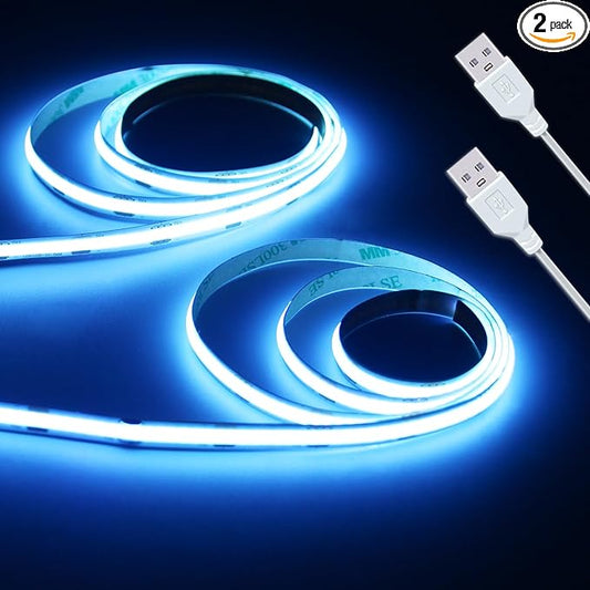 ICE Blue LED Strip Light 320 LEDs 2Pack High Brightness Indoor Use 8mm Flexible LED Tape Lights 5V Powered Density Cuttable USB COB Strip for DIY Display Cabinet LED Back Lights (3.28FTx2)