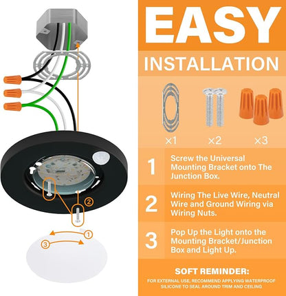 4 Inch Field Selectable 5CCT LED Motion Sensor Ceiling Light, 120V Wired Closet Light, 10 Watts, 600Lm, CRI80+, Non-dimmable, ETL Certified, Wet Location, Round/Black, 1 Pack