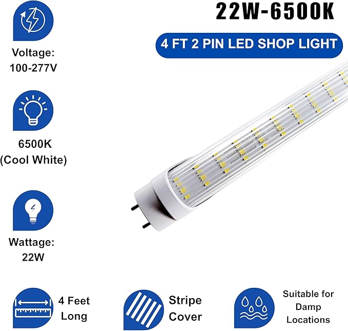 T8 4FT LED Type A+B Light Bulbs, 22W 6500K, 3200LM, Plug and Play or Ballast Bypass, Replacement for Fluorescent Fixtures, Clear, Dual Ended Power(25-Pack)