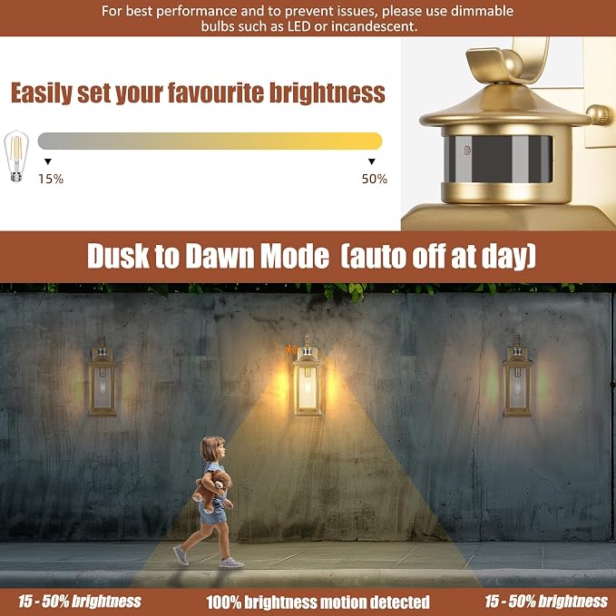 Gold Outdoor Light Fixtures Dusk to Dawn Motion Sensor 18” Large