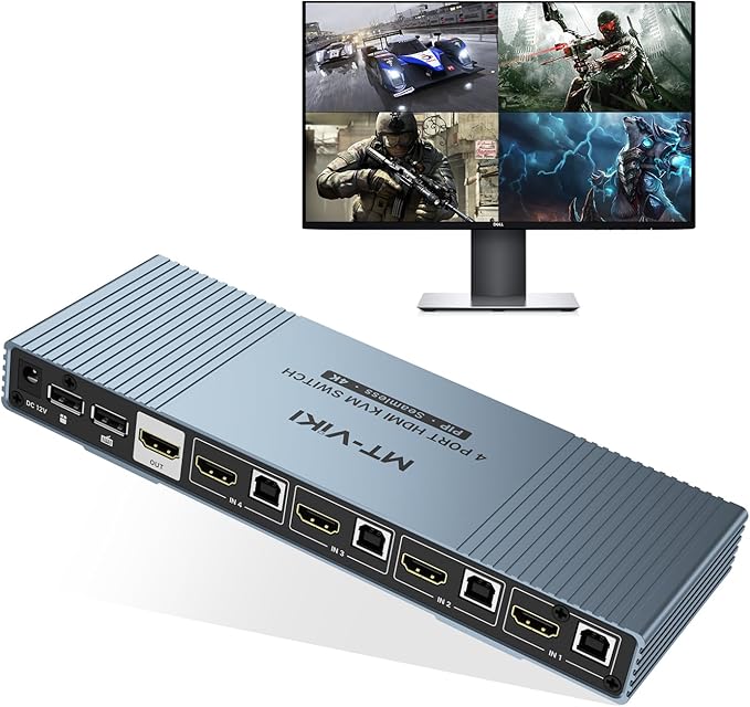 MT-VIKI 4K Quad HDMI KVM Multiviewer 4x1 w/PIP POP, Support ONE Set of Keyboard/Mouse/Monitor Control 4 PCs, 4K@30Hz Support Hotkey/Button Seamless Switching