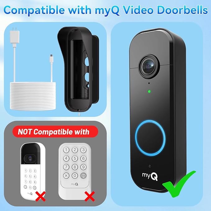 Power Adapter Kit for myQ Video Doorbell, 25FT/7.5M Weatherproof Charging Cable and Adjustable Swivel Doorbell Mount, Continuous Charging Your Doorbell, Compatible with Homes, Apartments - Black