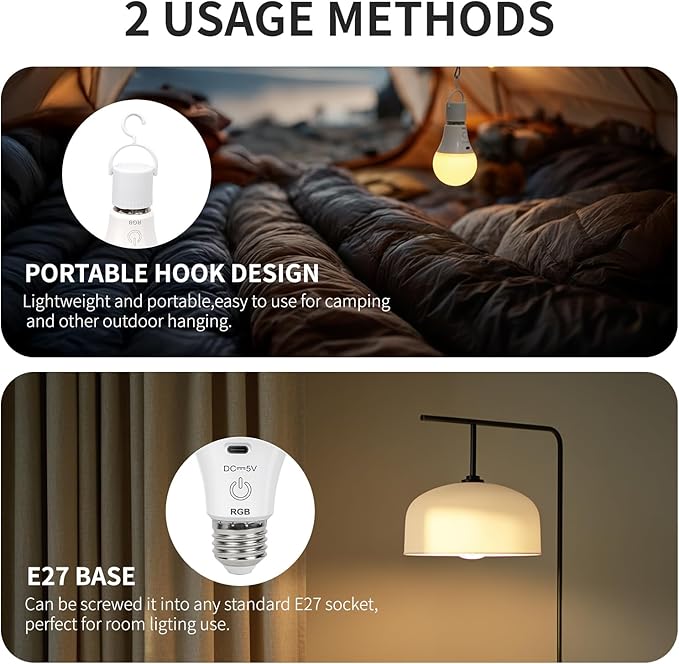 FRIDEKO HOME Rechargeable Light Bulbs - 2600mAh E26 Battery Operated Dimmable Lightbulb with USB-C Charging for Lamps | Touch Control | Timer Function - 2 Pack Portable Camping Emergency Light