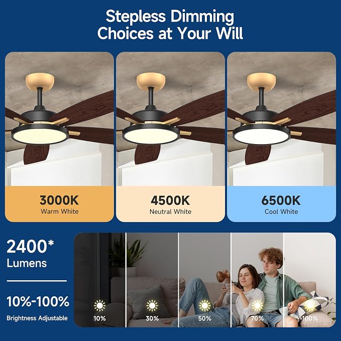 Roomratv 52 Inch Smart Ceiling Fan Compatible with App/Alexa/Google home | Black Gold,Beep-Off Function,Ultra Quiet,Bright and Dimmable Led Light,Energy saving,Reversible,Remote Control