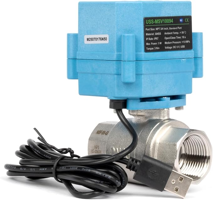 U.S. Solid WiFi Smart Motorized Ball Valve 3/4 inch NPT for Water Control, Irrigation, 2 Way 304SS Electric Valve, USB Powered, Status Indicator, Flow Direction, Remote On/Off Control, NSF Certified