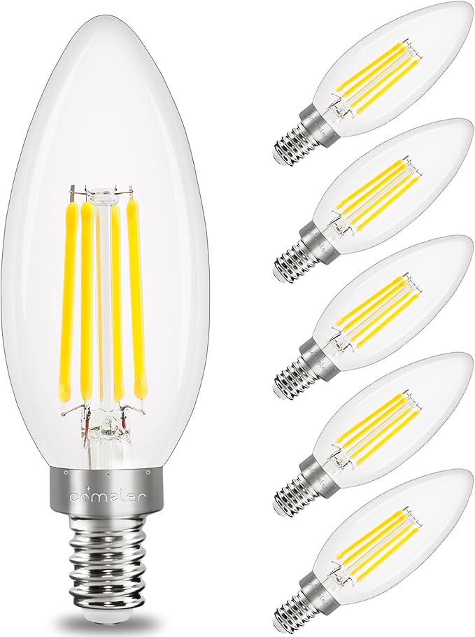 comzler E12 LED Candelabra Bulb Dimmable, Chandelier Light Bulb 2700K Warm White,40W Equivalent,Type B Ceiling Fan Bulbs,C35 B11 Edison Filament Candle Bulbs Candle Lights,400LM,Pack of 6