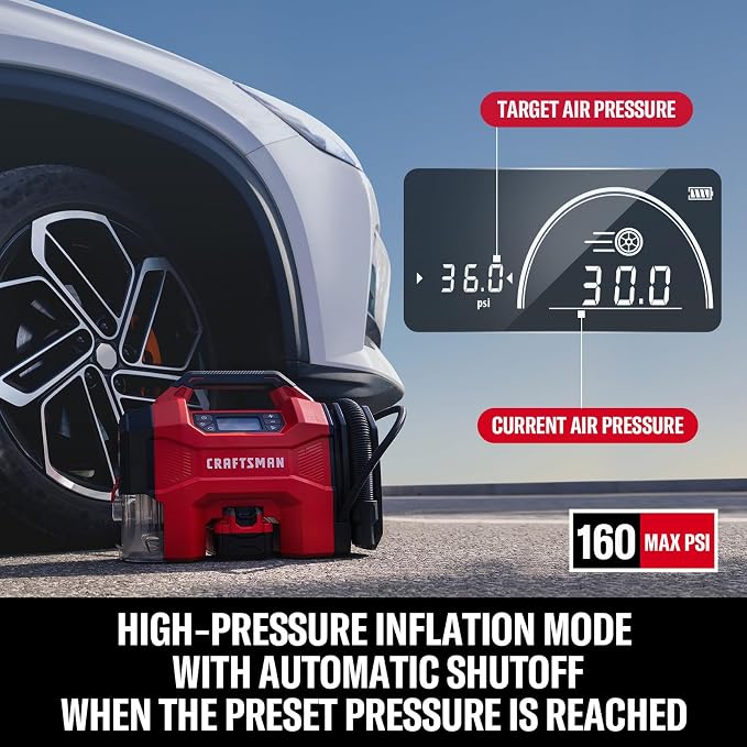 CRAFTSMAN 3-in-1 Tire Inflator Portable Air Compressor 160 PSI with Battery | Cordless pump/Car Vacuum/Dust Blower with 4.0Ah Battery & 12V Charger & LED Light for Car, Bike, Ball, Inflatable Mat & SUP