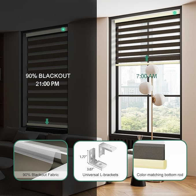 Motorized Zebra Blinds with Remote, Work with HomeKit Alexa Automatic Electric Window Shades 90% Blackout Light Filtering for Smart Home and Office, Customized Size Sheen Brown