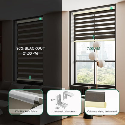 Motorized Zebra Blinds with Remote, Work with HomeKit Alexa Automatic Electric Window Shades 90% Blackout Light Filtering for Smart Home and Office, Customized Size Sheen Brown