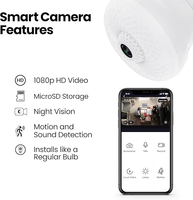 Feit Electric Smart Rotating Light Bulb with Wireless Camera, Motion Sensor, Night Vision, and 2-Way Speaker, 40W Equivalent, E26 Base, 5000K Daylight, 15,000-Hour Lifetime, A450/850/CAMWIFI/LED