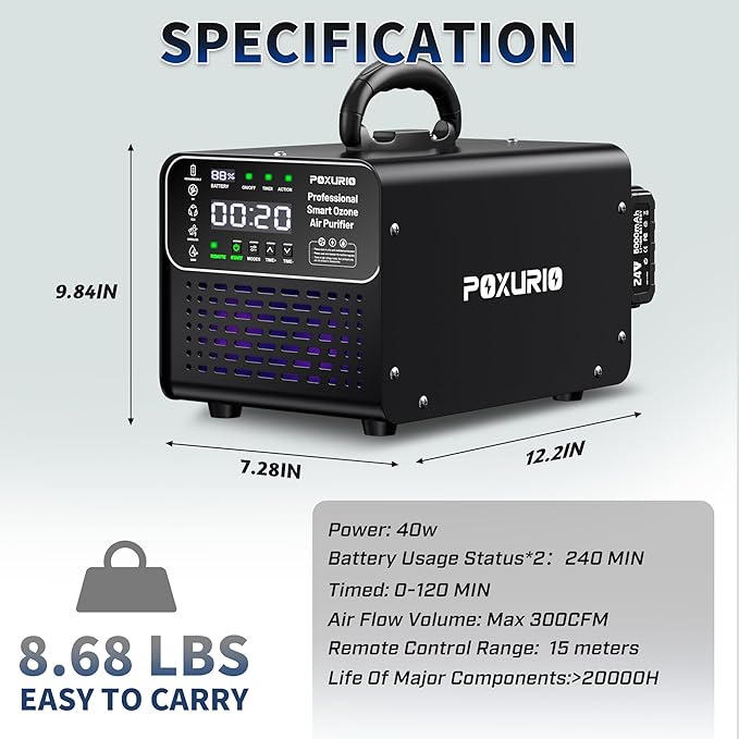 Ozone Generator Cordless with 2 x 5000mAh Battery&Quick Charger for 8-10 Hours Use, 1000000mg Commercial Odor Remover Digital Ozonator Machine With Remote Control, Auto Timming for Large Space