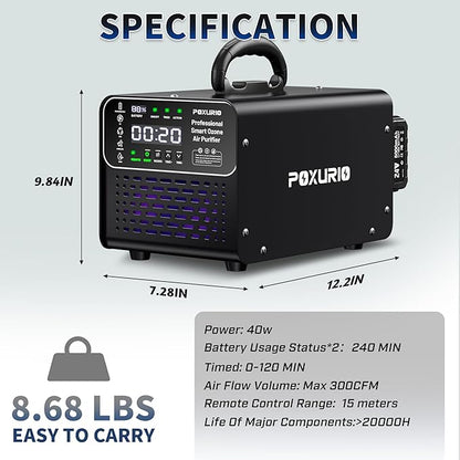 Ozone Generator Cordless with 2 x 5000mAh Battery&Quick Charger for 8-10 Hours Use, 1000000mg Commercial Odor Remover Digital Ozonator Machine With Remote Control, Auto Timming for Large Space