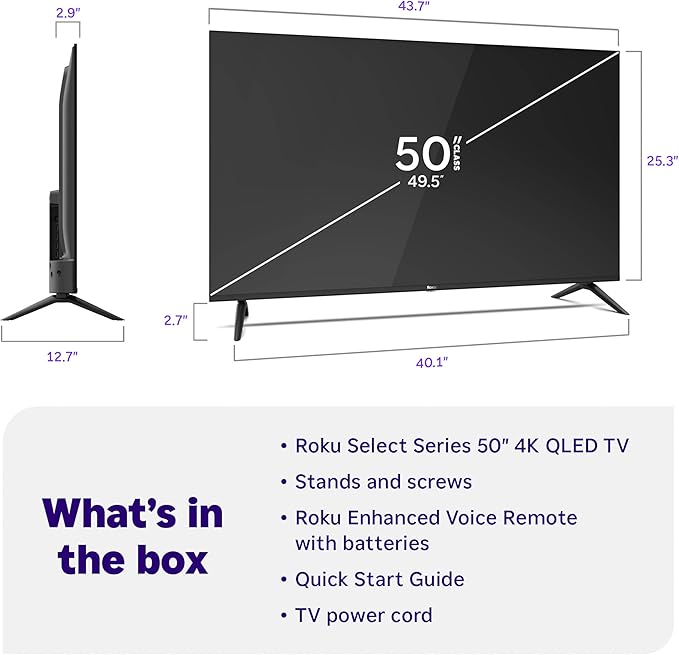 Roku Smart TV 2026 – 50-Inch Select Series, 4K QLED TV – Roku TV with Voice Remote – Flat Screen QLED Television with Wi-Fi for Streaming Live Local News, Sports, & Movies – Bluetooth Headphone Mode