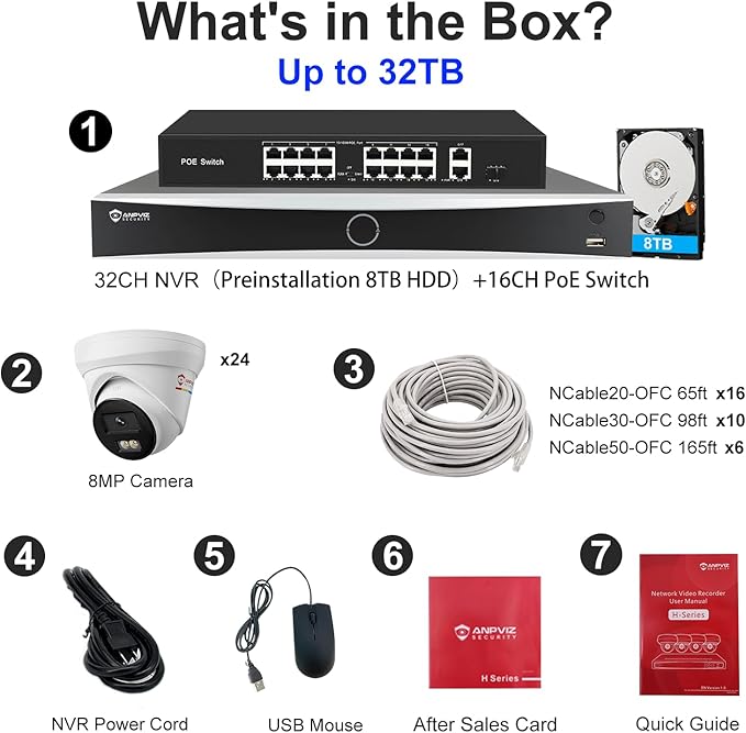 Anpviz 32 Channel 12MP NVR PoE Security Camera System, 32CH H.265+ NVR with 8TB HDD and 16 Ports PoE Switch, 24pcs 4K 8MP IP Wired Cameras with Color Night Vision, CCTV for Business Home（H Series）