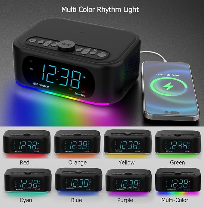 Emerson Smartset 7-Color Bluetooth Speaker - 10W Stereo Sound, 15W Wireless Charging, and LED Lights Changing to Music,Black