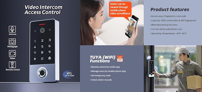 Smart Door Access Control System with Tuya APP Remote Video Intercom & Monitoring, Built-in Camera, 1200lbs Magnetic Lock, IP68 Metal Keypad, Fingerprint/Password/ID Card Unlock