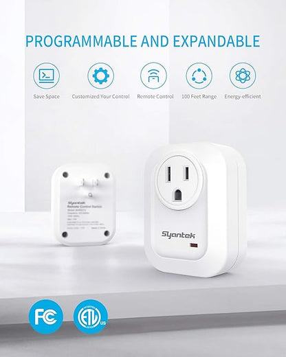Syantek Upgraded Remote Control Outlet Wireless Light Switch for Household Appliances, Expandable Remote Light Switch Kit, Up to 100 ft Range, FCC Certified, ETL Listed, White (5 Outlets + 2 Remotes)
