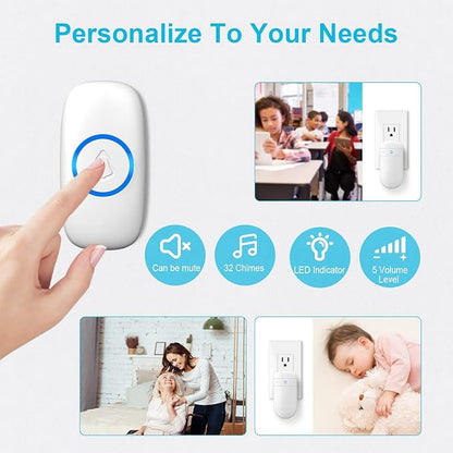 Wireless Doorbell, SECRUI Door bell Over 1000ft Coverage with 2 Plug-In Receivers, Waterproof Push button, 52 Chimes, 110dB loud Sound and Colorful LED Flash