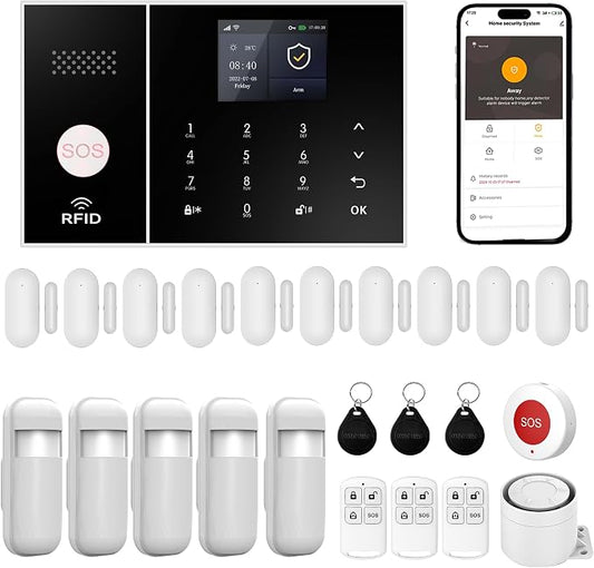 XUK 4G/GSM/Wi-Fi Alarm System for Home Security, 24-Piece Kit | Works with Alexa & Google Home | SOS button | Door & PIR motion sensors | For houses & apartments